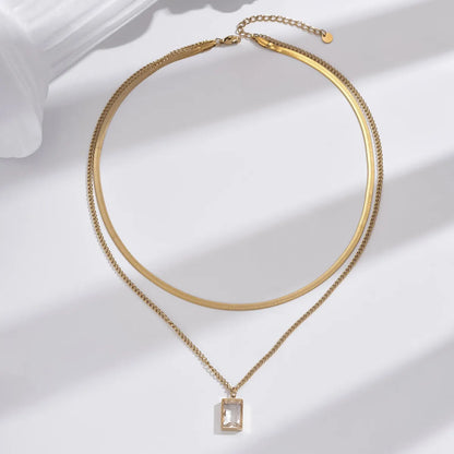 Simple Style Rectangle Stainless Steel Plating Inlay Zircon 14k Gold Plated Double Layer Necklaces