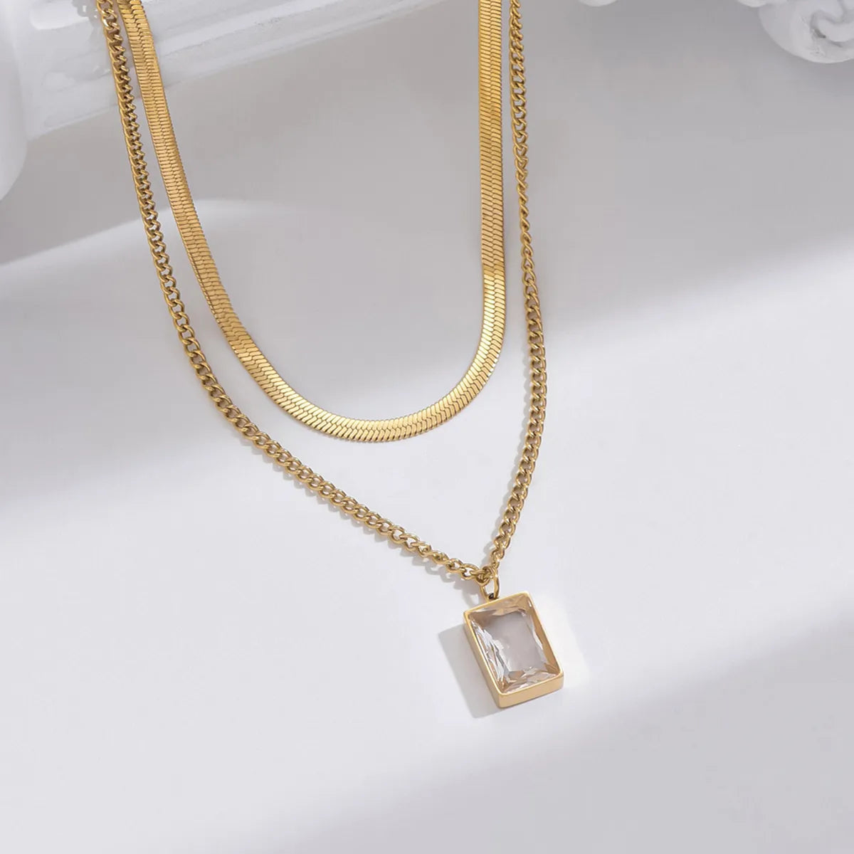 Simple Style Rectangle Stainless Steel Plating Inlay Zircon 14k Gold Plated Double Layer Necklaces