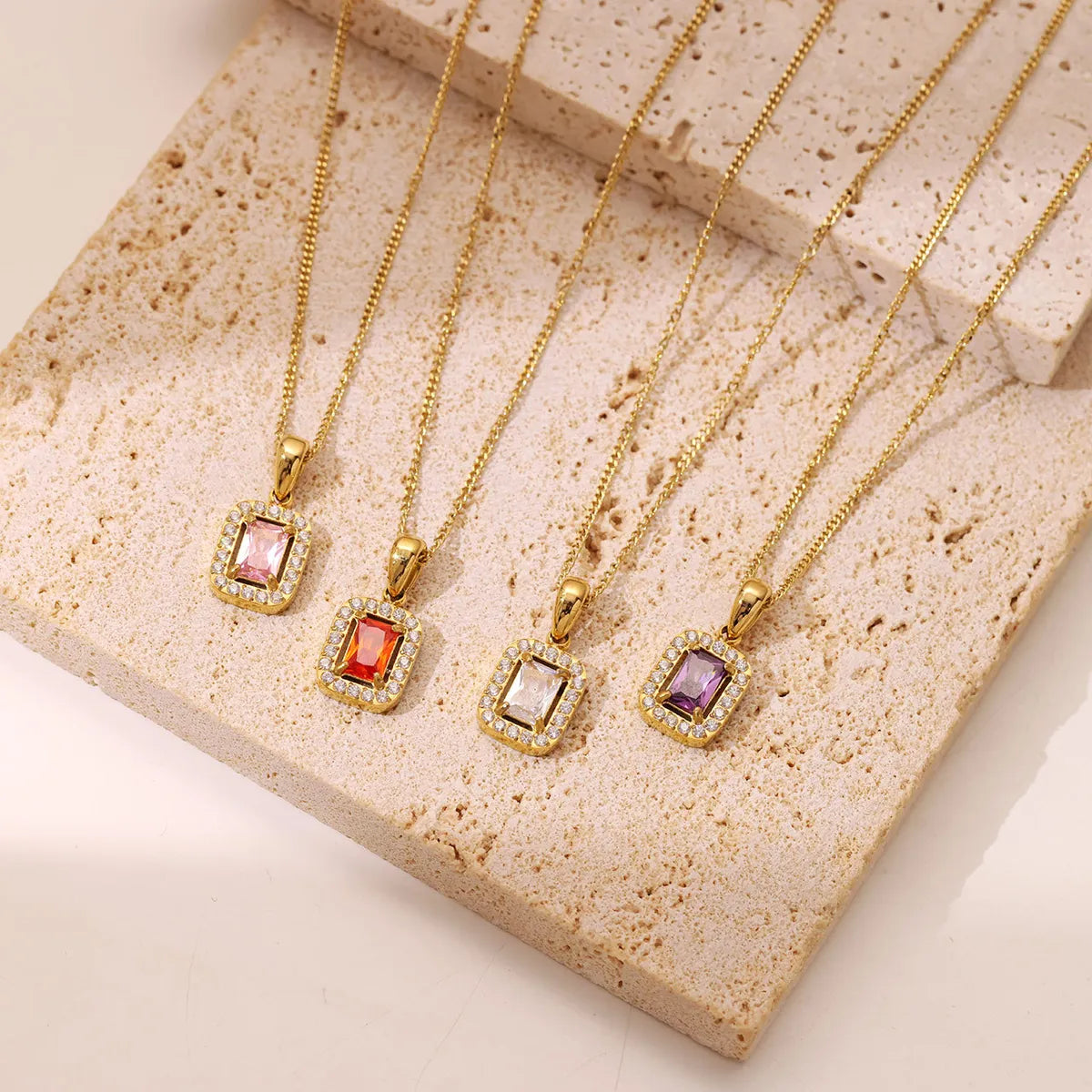 Wholesale Jewelry Simple Style Rectangle 304 Stainless Steel Zircon White Gold Plated Gold Plated Plating Inlay Pendant Necklace