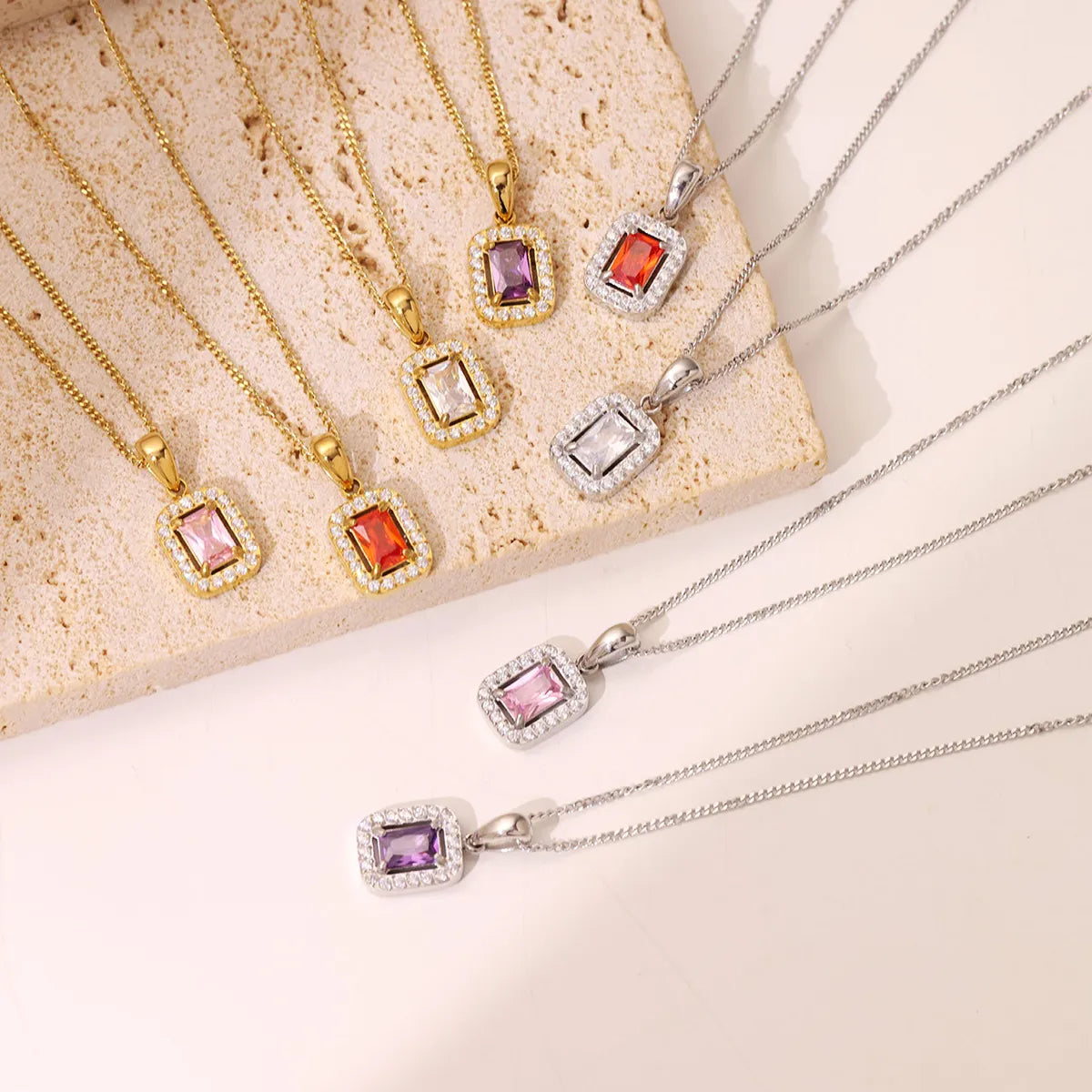 Wholesale Jewelry Simple Style Rectangle 304 Stainless Steel Zircon White Gold Plated Gold Plated Plating Inlay Pendant Necklace