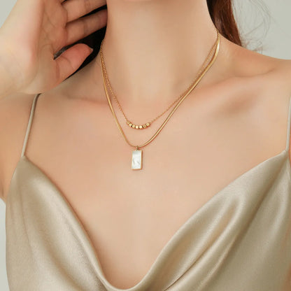 Simple Style Rectangle Titanium Steel Copper Plating Inlay Shell 18k Gold Plated Layered Necklaces