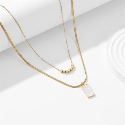 Simple Style Rectangle Titanium Steel Copper Plating Inlay Shell 18k Gold Plated Layered Necklaces