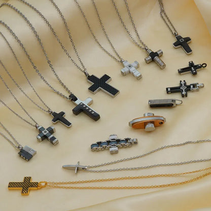 Simple Style Roman Style Cross Rhinestones 304 Stainless Steel Carbon Fiber Microfiber Wholesale Pendant Necklace