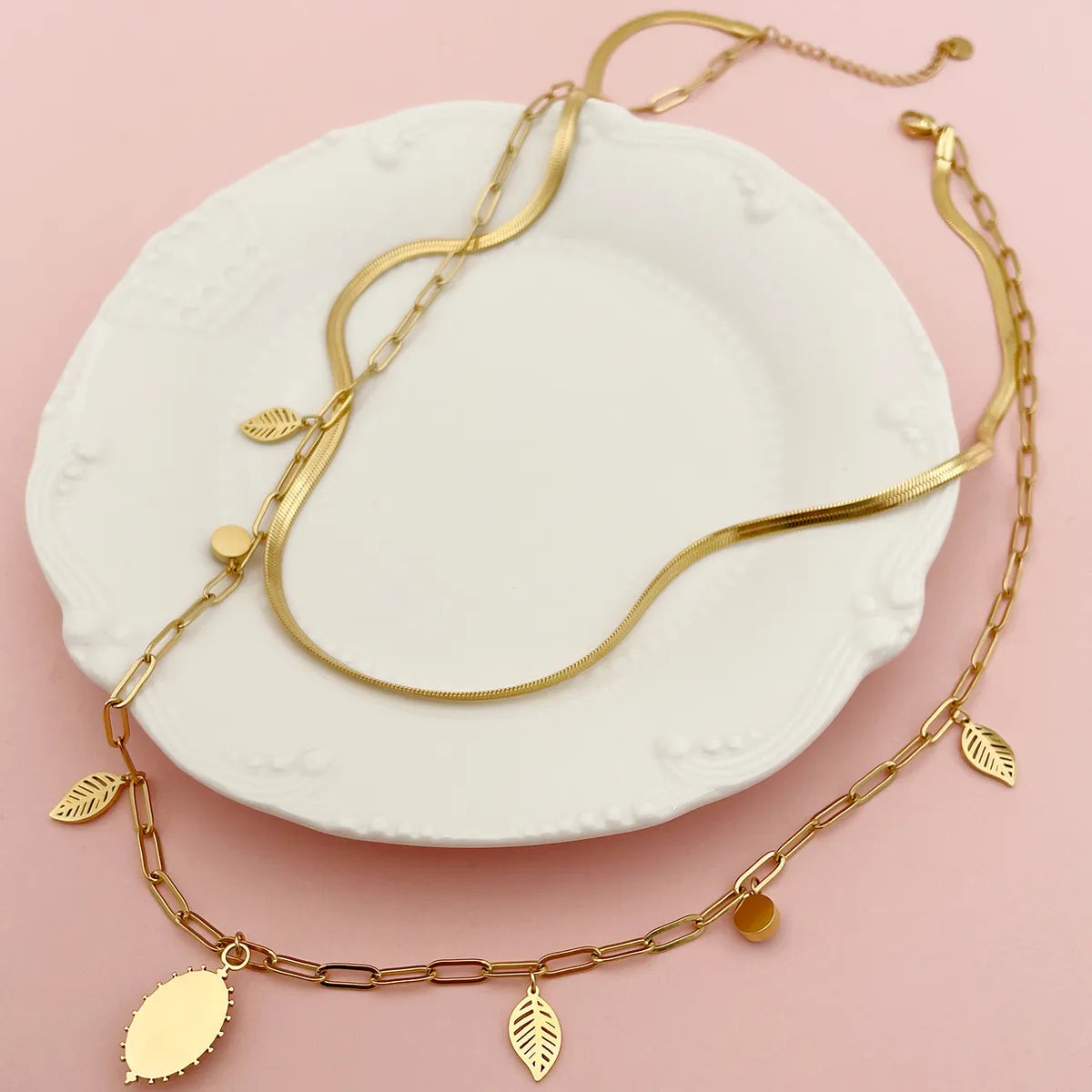 Simple Style Roman Style Leaves Stainless Steel Gold Plated Double Layer Necklaces In Bulk