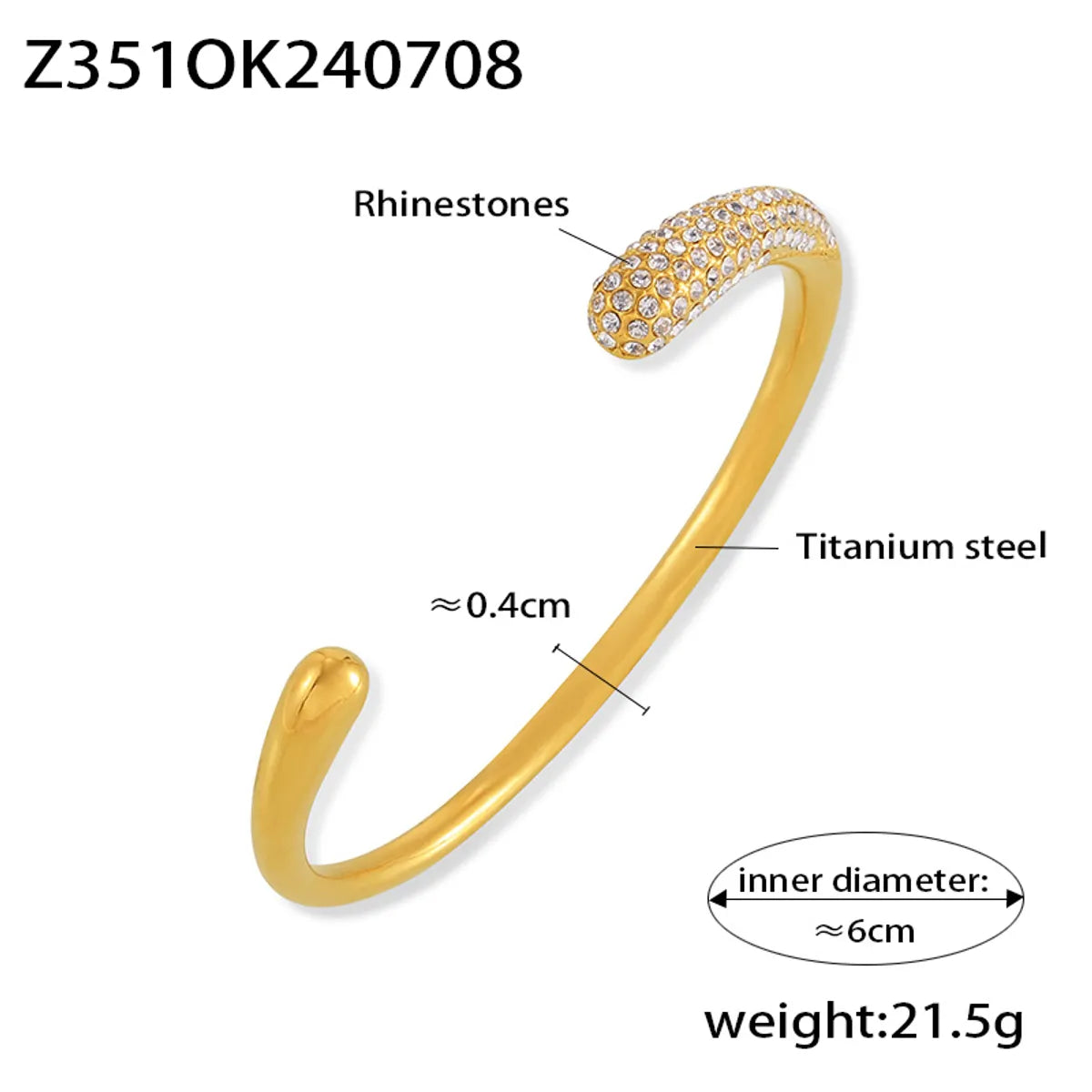 Simple Style Round 304 Stainless Steel Rhinestone 18K Gold Plated Rhinestones Bangle In Bulk