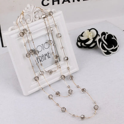 Simple Style Round Artificial Crystal Alloy Beaded Women's Sweater Chain Long Necklace