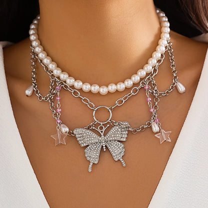 Simple Style Round Butterfly Imitation Pearl Alloy Iron Inlay Rhinestones Women's Pendant Necklace