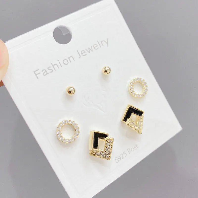 Simple Style Round Copper Inlay Zircon Ear Studs 3 Pairs