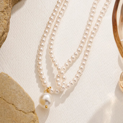 Simple Style Round Glass Pearl Beaded Women's Double Layer Necklaces Pendant Necklace