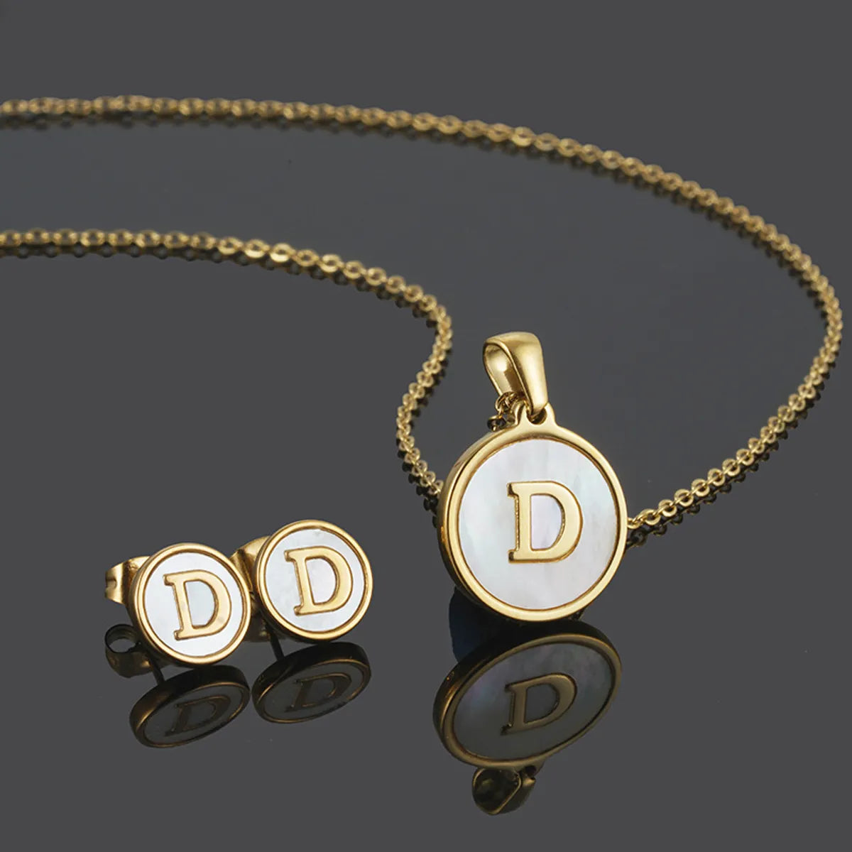 Simple Style Round Letter Stainless Steel Gold Plated Shell Earrings Necklace 3 Piece Set