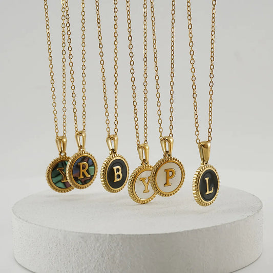 Simple Style Round Letter Stainless Steel Inlay Shell Pendant Necklace