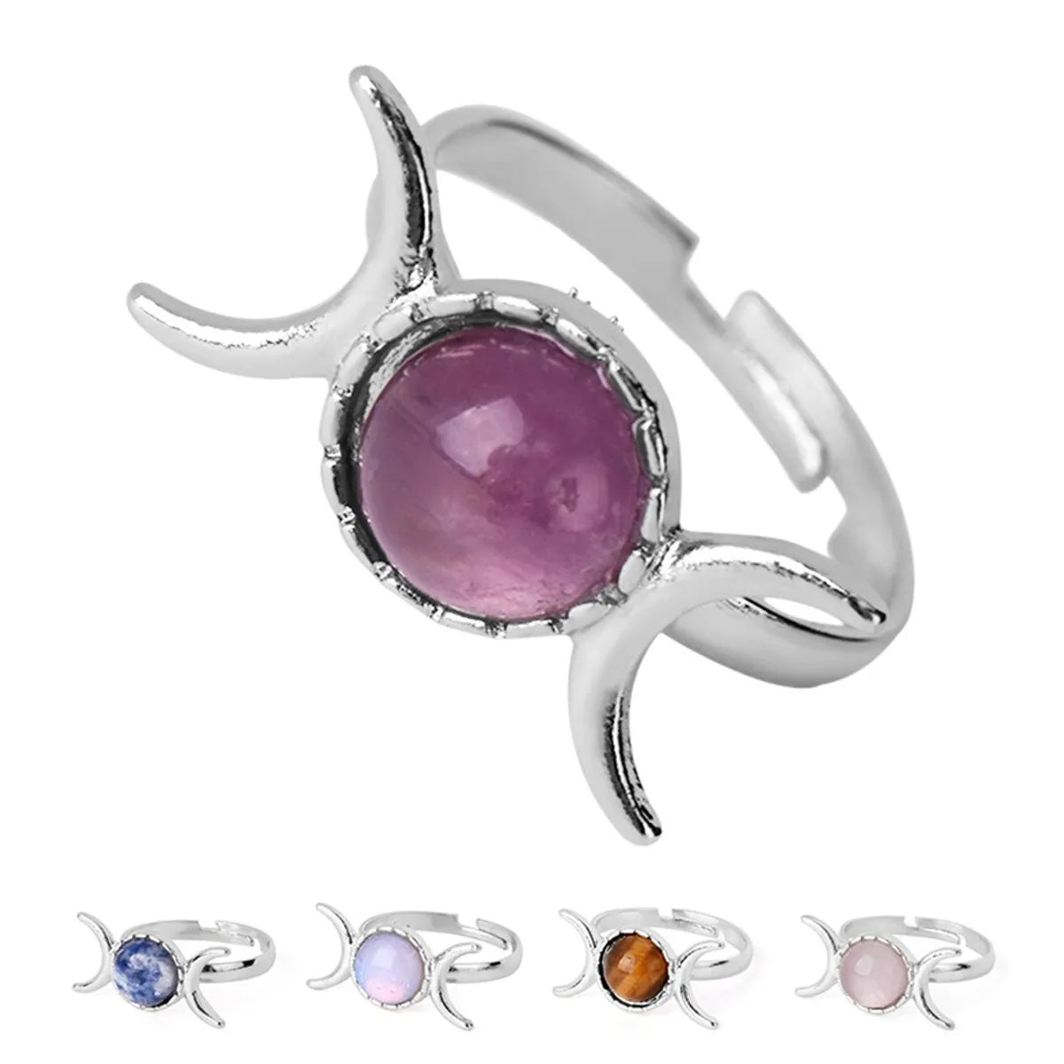 Simple Style Round Moon Natural Stone Crystal Inlay Natural Stone Crystal Women'S Open Rings