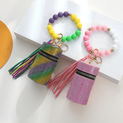 Simple Style Round Pu Leather Silica Gel Beaded Keychain