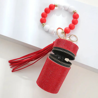 Simple Style Round Pu Leather Silica Gel Beaded Keychain