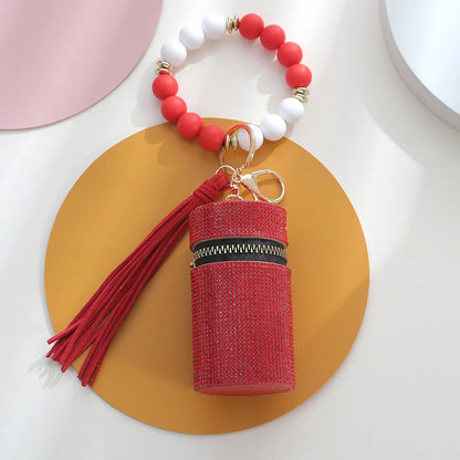 Simple Style Round Pu Leather Silica Gel Beaded Keychain