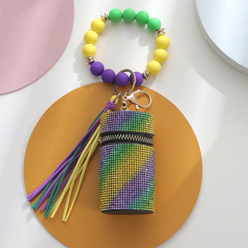 Simple Style Round Pu Leather Silica Gel Beaded Keychain