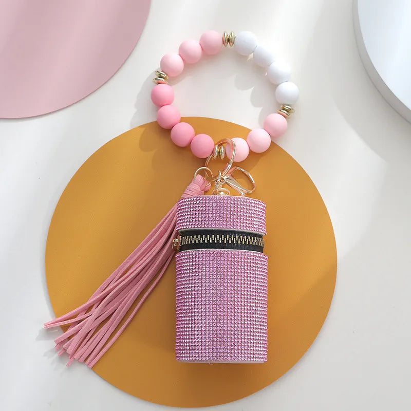 Simple Style Round Pu Leather Silica Gel Beaded Keychain