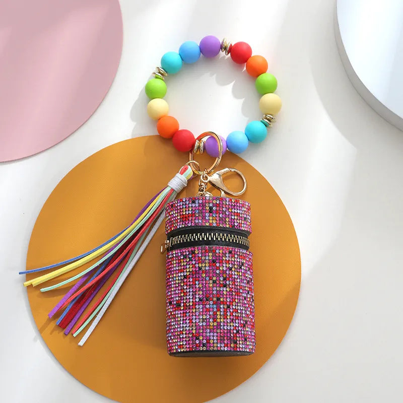 Simple Style Round Pu Leather Silica Gel Beaded Keychain