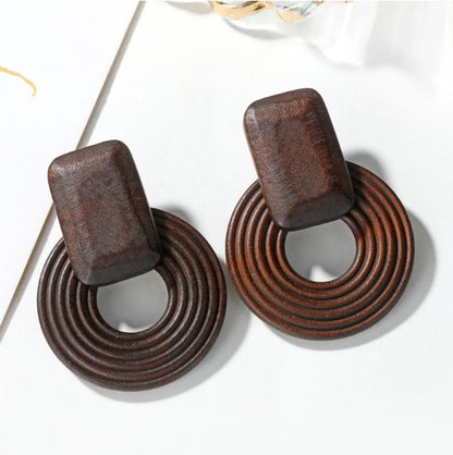 Simple Style Round Rectangle Wood Hollow Out Women'S Earrings