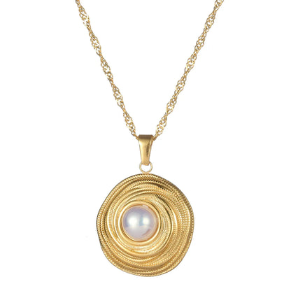 Simple Style Round Stainless Steel Plating Inlay Pearl 18k Gold Plated Pendant Necklace