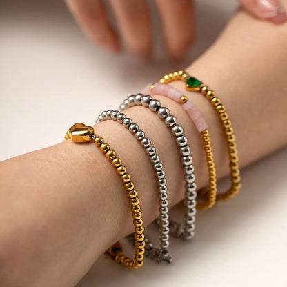 Simple Style Round Stainless Steel Beaded Titanium Steel 18k Gold Plated Bracelets