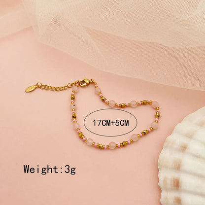 Simple Style Round Stainless Steel Crystal Beaded Plating Gold Plated Bracelets