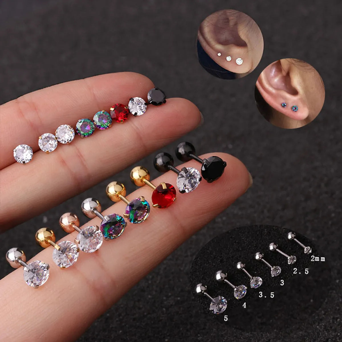 Simple Style Round Inlay Stainless Steel Zircon Ear Studs