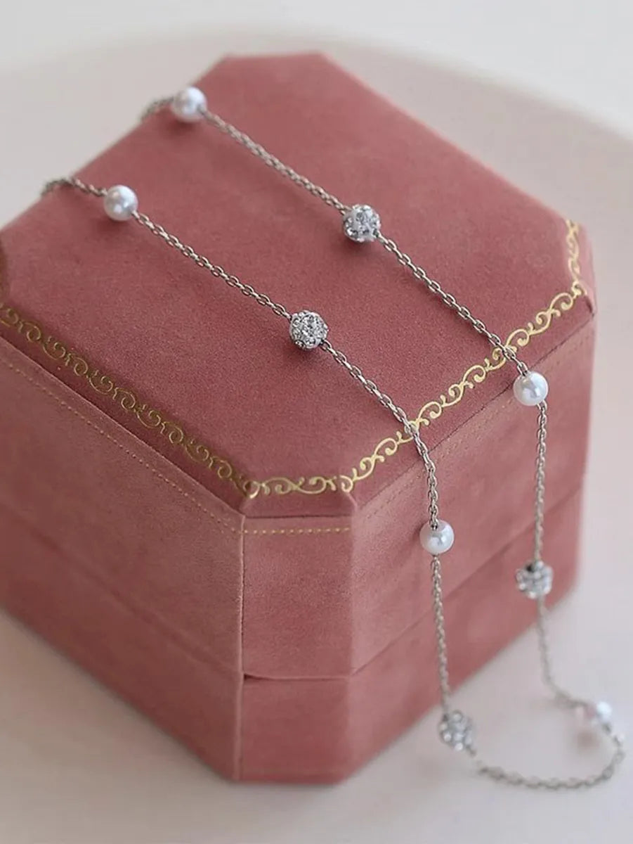 Simple Style Round Stainless Steel Pearl Inlay Zircon Necklace