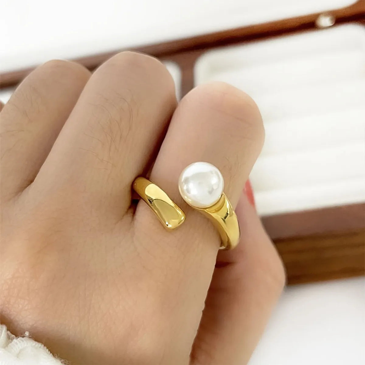 Wholesale Jewelry Simple Style Round Stainless Steel Artificial Pearls 18K Gold Plated Plating Inlay Open Rings