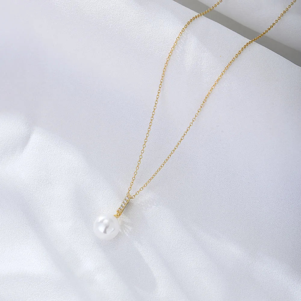 Simple Style Round Sterling Silver Plating Inlay Artificial Pearls 14k Gold Plated Rhodium Plated Pendant Necklace