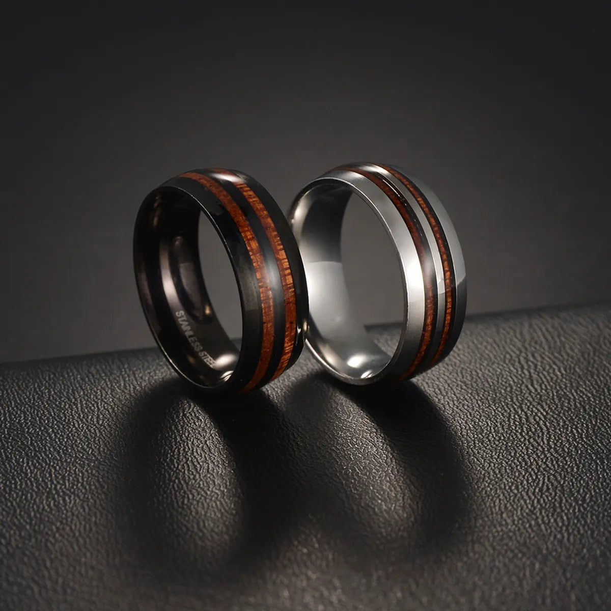 Simple Style Round Stripe 304 Stainless Steel Epoxy Solid Wood Black Plated Men'S Rings