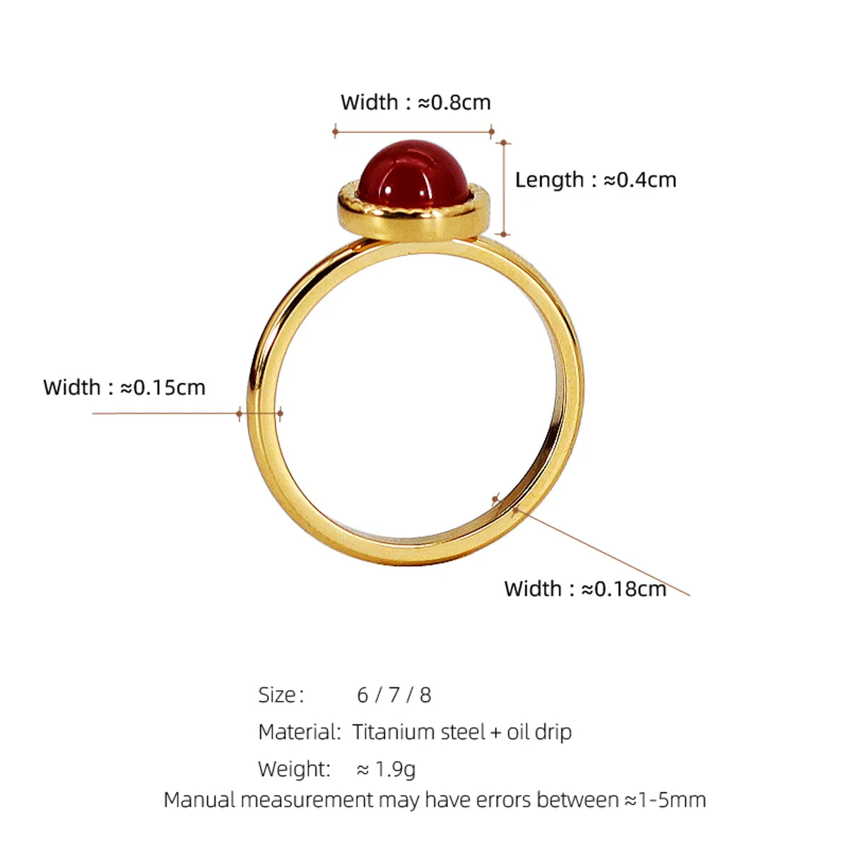 Simple Style Round Titanium Steel Plating Inlay Natural Stone Agate 18k Gold Plated Rings