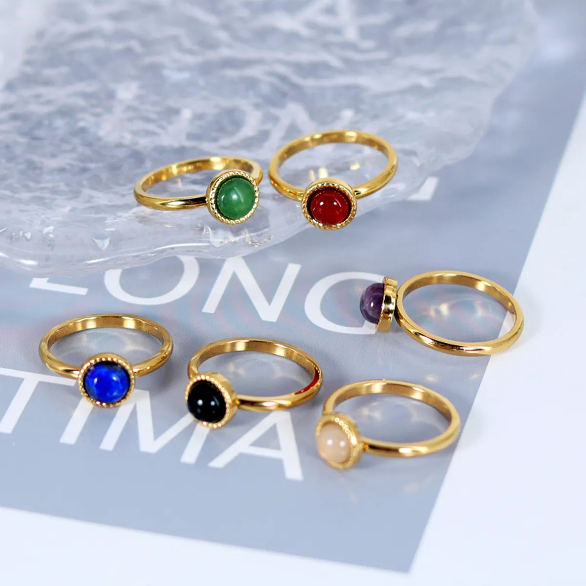 Simple Style Round Titanium Steel Plating Inlay Natural Stone Agate 18k Gold Plated Rings