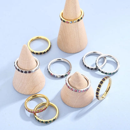 Simple Style Round Titanium Steel Plating Inlay Zircon Rings 1 Piece