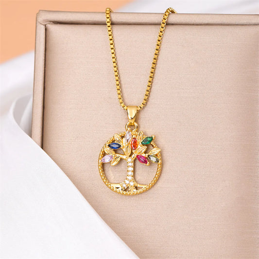 Stainless Steel Titanium Steel 18K Gold Plated Simple Style Plating Inlay Round Tree Zircon Pendant Necklace