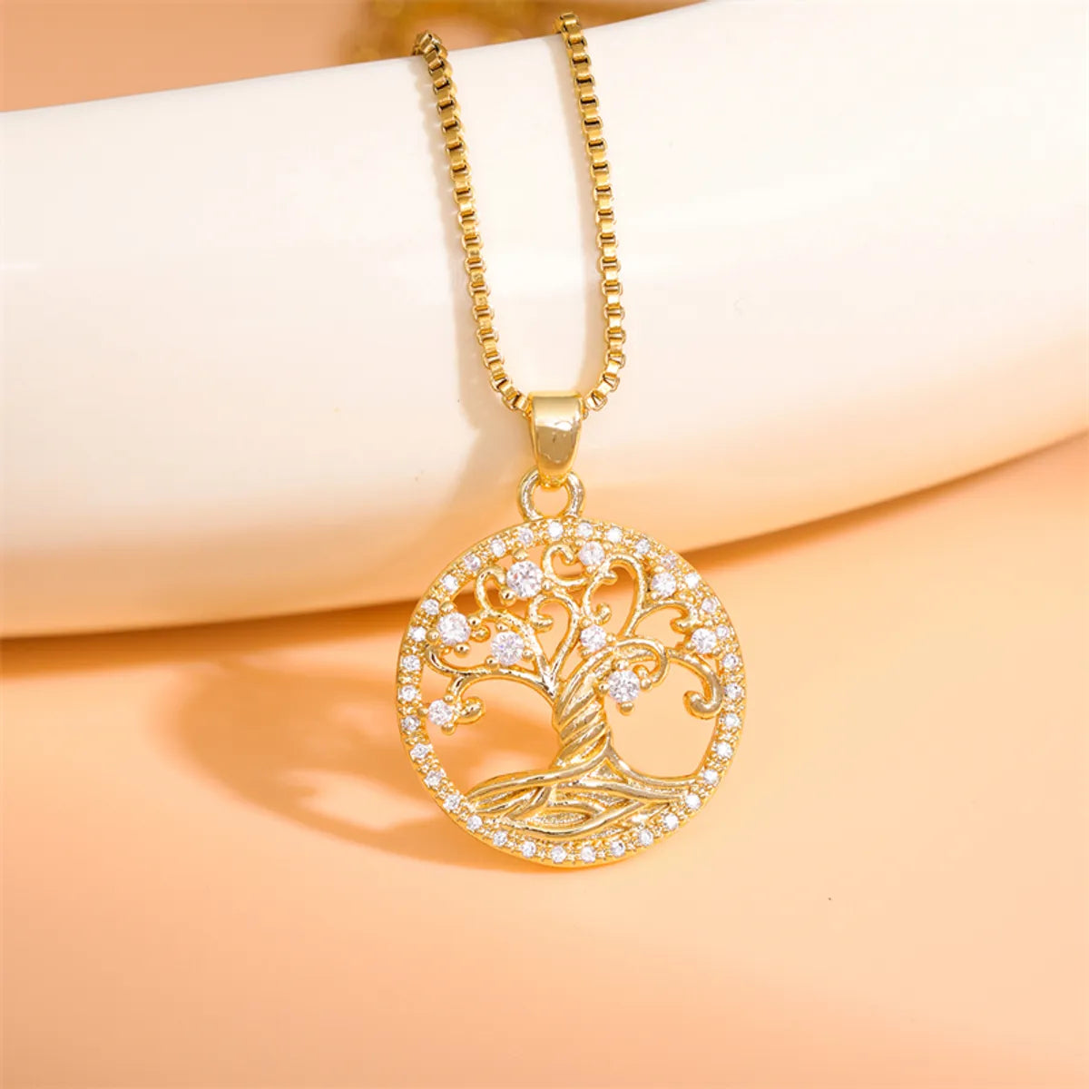 Stainless Steel Titanium Steel 18K Gold Plated Simple Style Plating Inlay Round Tree Zircon Pendant Necklace