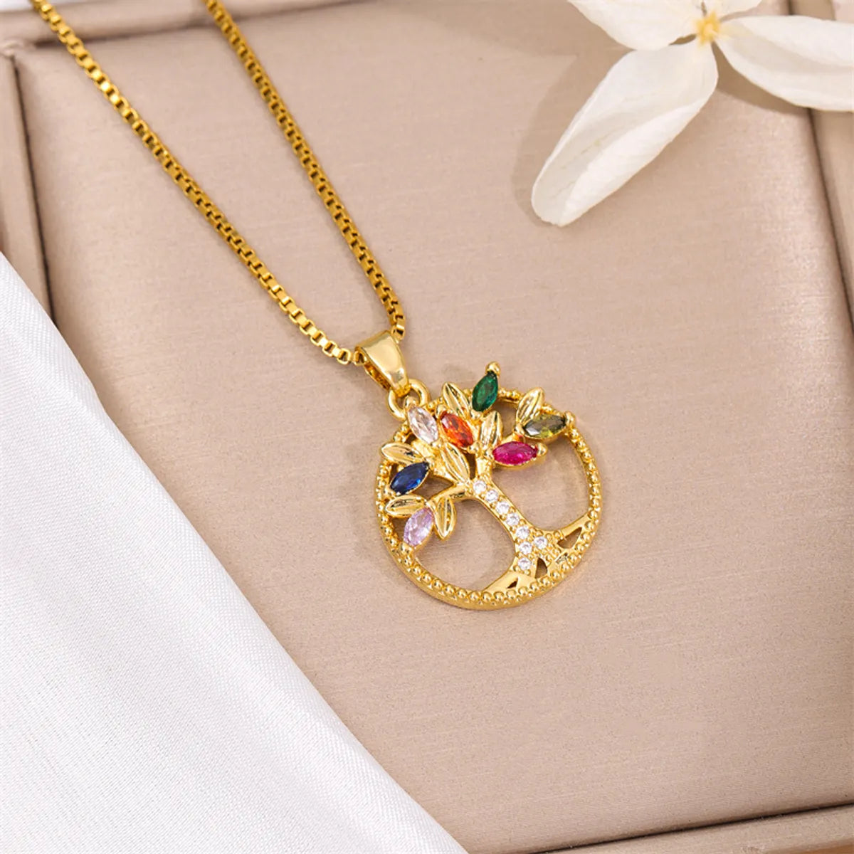 Stainless Steel Titanium Steel 18K Gold Plated Simple Style Plating Inlay Round Tree Zircon Pendant Necklace