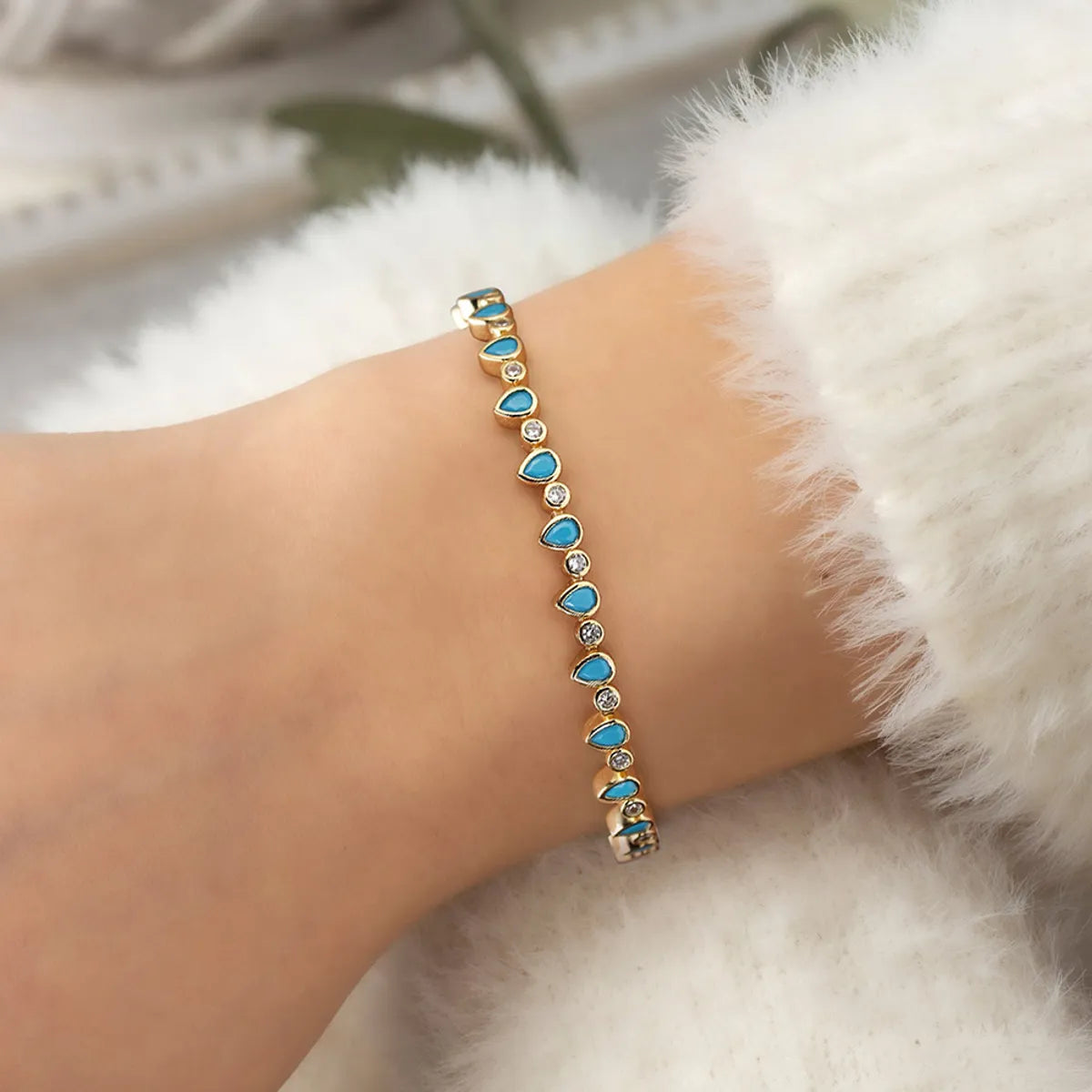 Simple Style Round Water Droplets Sterling Silver Plating Inlay Turquoise Zircon 14k Gold Plated White Gold Plated Tennis Bracelet