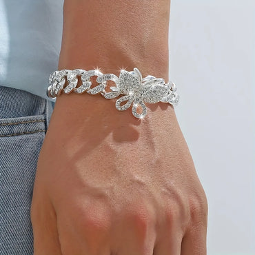 Simple Style Shiny Butterfly Alloy Plating Inlay Rhinestones Silver Plated Unisex Bracelets