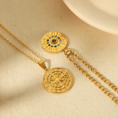 Simple Style Shiny Compass Constellation Stainless Steel Plating Zircon 18k Gold Plated Pendant Necklace