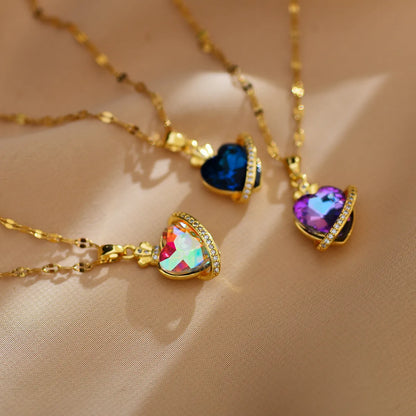 Simple Style Shiny Heart Shape Titanium Steel Copper Plating Inlay Zircon Pendant Necklace