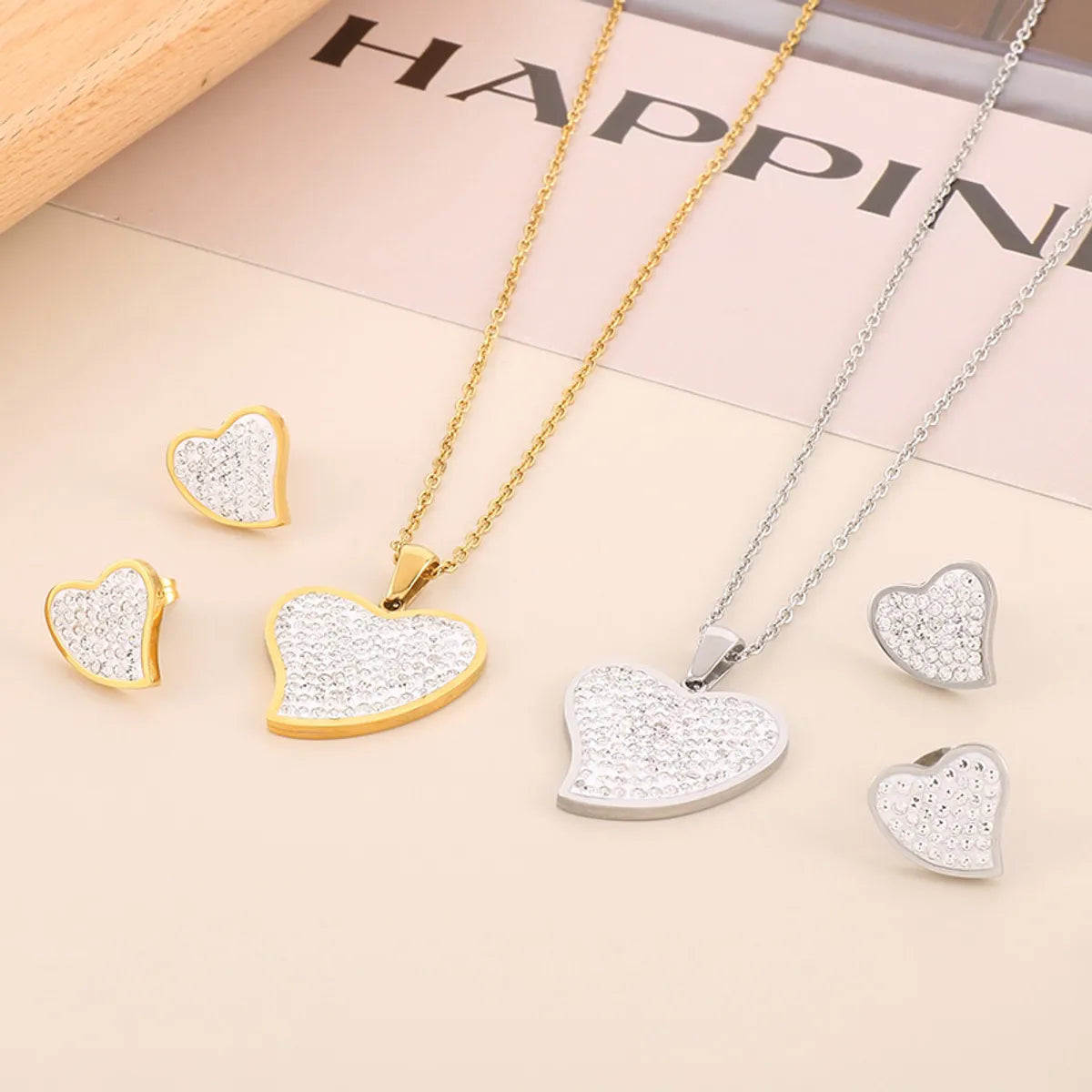 Simple Style Shiny Heart Shape Titanium Steel Plating Inlay 18k Gold Plated Jewelry Set