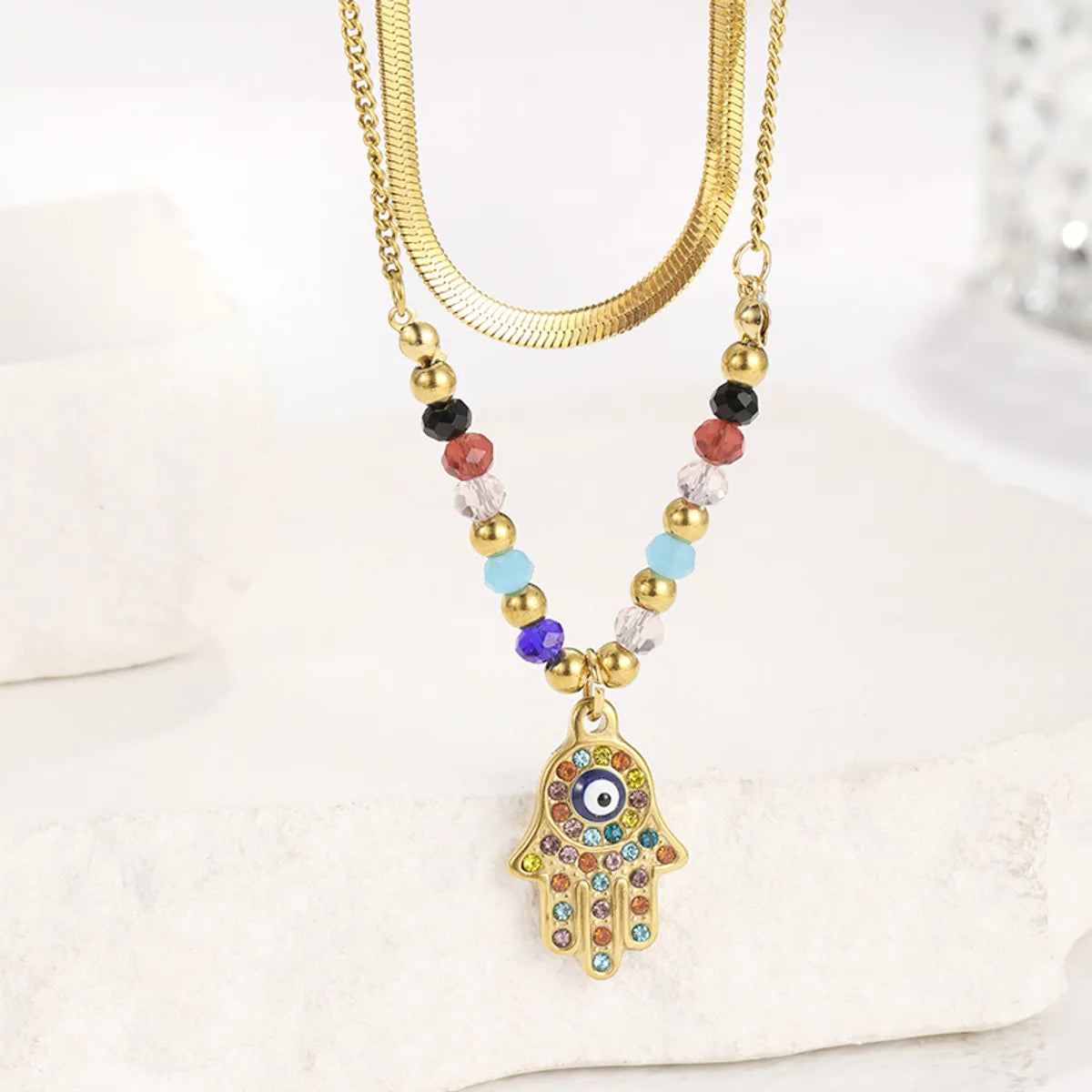 Simple Style Shiny Palm Stainless Steel Plating Inlay Zircon 18k Gold Plated Double Layer Necklaces