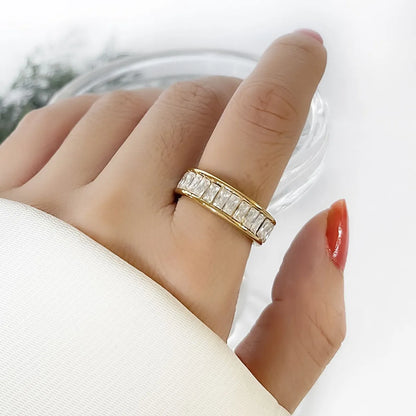 Simple Style Shiny Rectangle Stainless Steel Plating Inlay Rhinestones 18k Gold Plated Rings