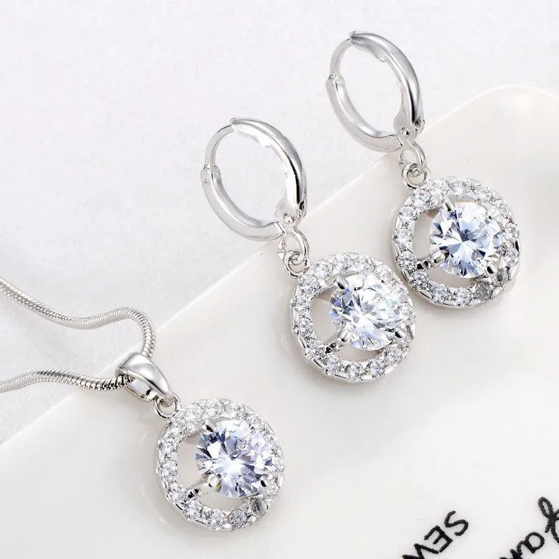 Simple Style Shiny Round Copper Plating Hollow Out Inlay Zircon White Gold Plated Jewelry Set