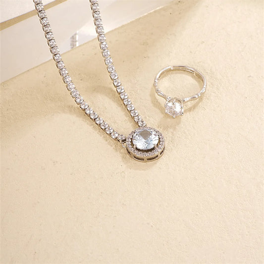 Simple Style Shiny Round Copper Plating Inlay Zircon Silver Plated Rings Necklace