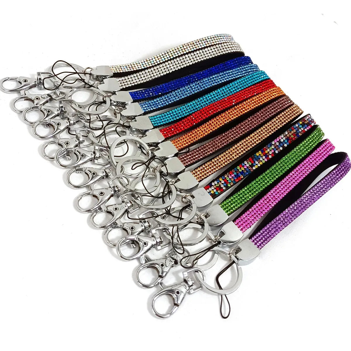 Simple Style Shiny Solid Color Polyester Metal Button High Elastic Cotton Inlay Rhinestones Mobile Phone Lanyard