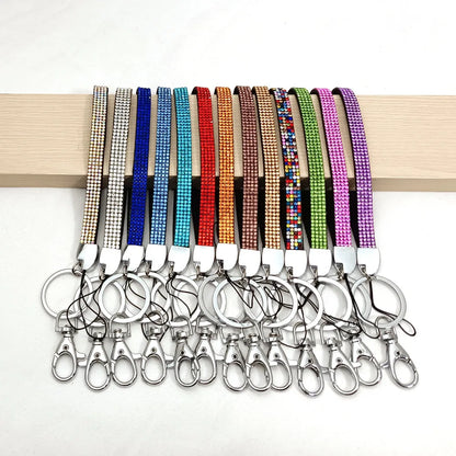 Simple Style Shiny Solid Color Polyester Metal Button High Elastic Cotton Inlay Rhinestones Mobile Phone Lanyard