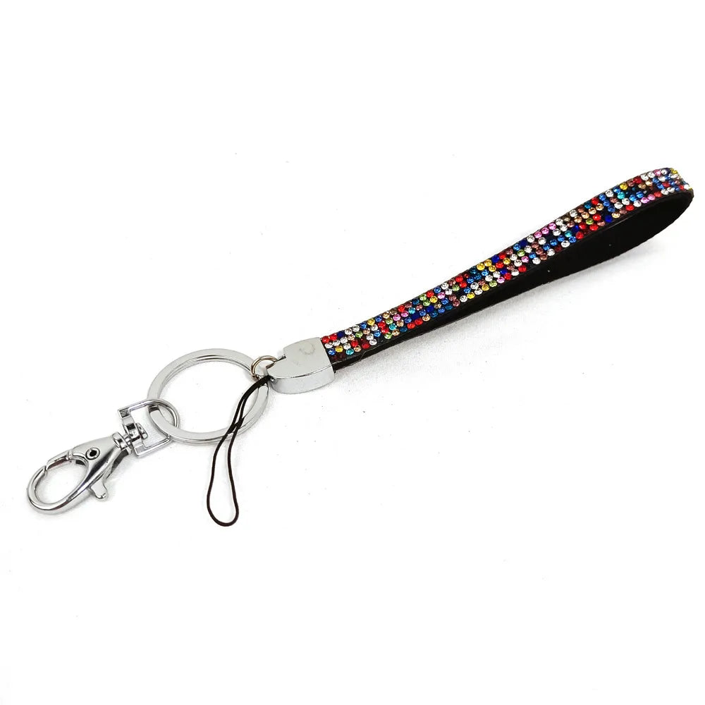 Simple Style Shiny Solid Color Polyester Metal Button High Elastic Cotton Inlay Rhinestones Mobile Phone Lanyard