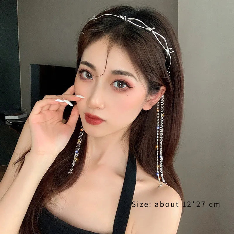 Simple Style Shiny Tassel Solid Color Alloy Criss Cross Inlay Artificial Pearls Rhinestones Hair Band